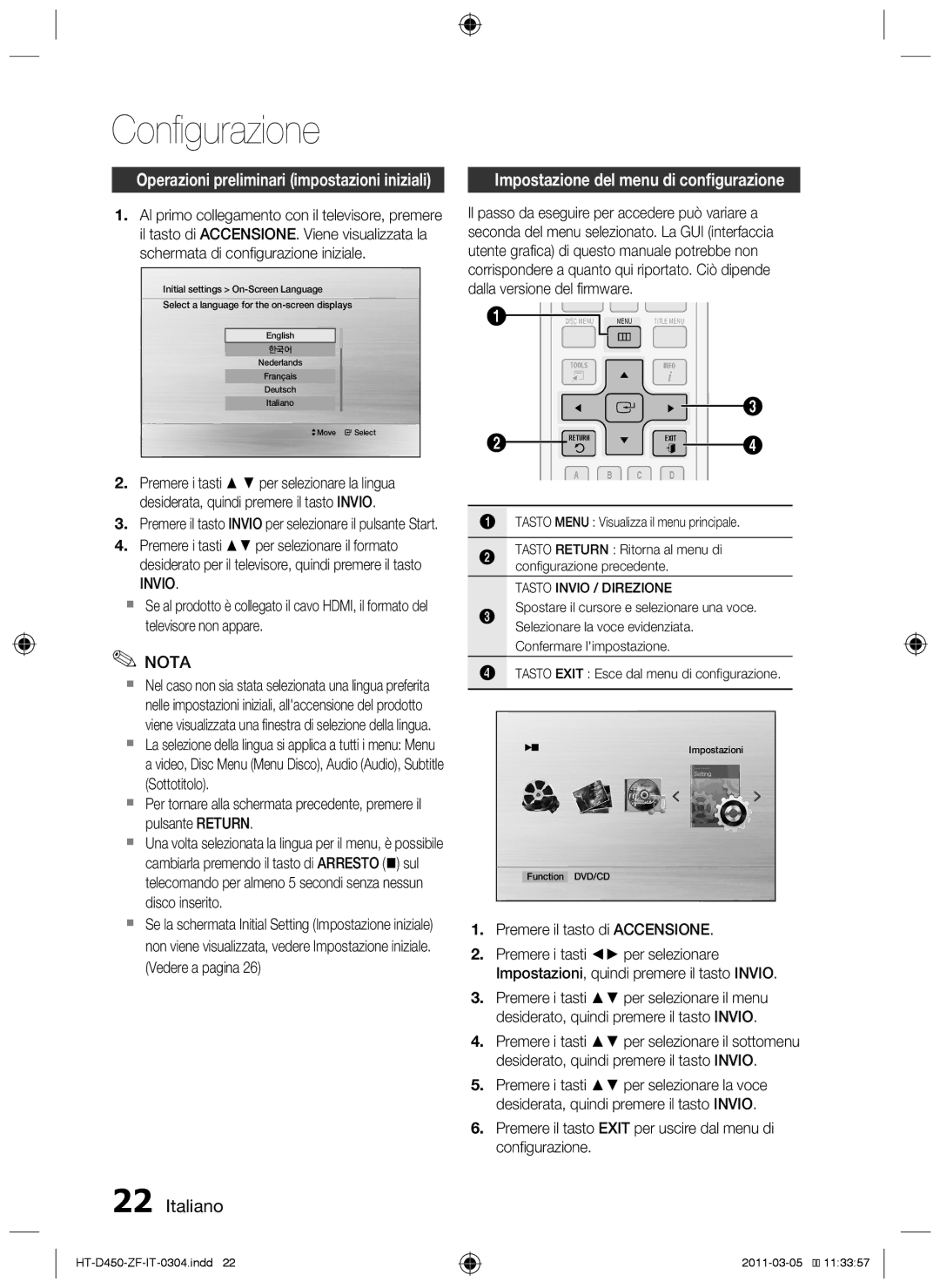 Samsung HT-D455, HT-D450 Configurazione, Impostazione del menu di configurazione, Invio, Premere il tasto di Accensione 