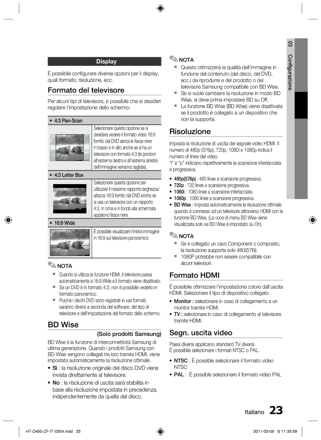 Samsung HT-D453, HT-D450, HT-D455 user manual Formato del televisore, Risoluzione, Formato Hdmi, Segn. uscita video, Ntsc 