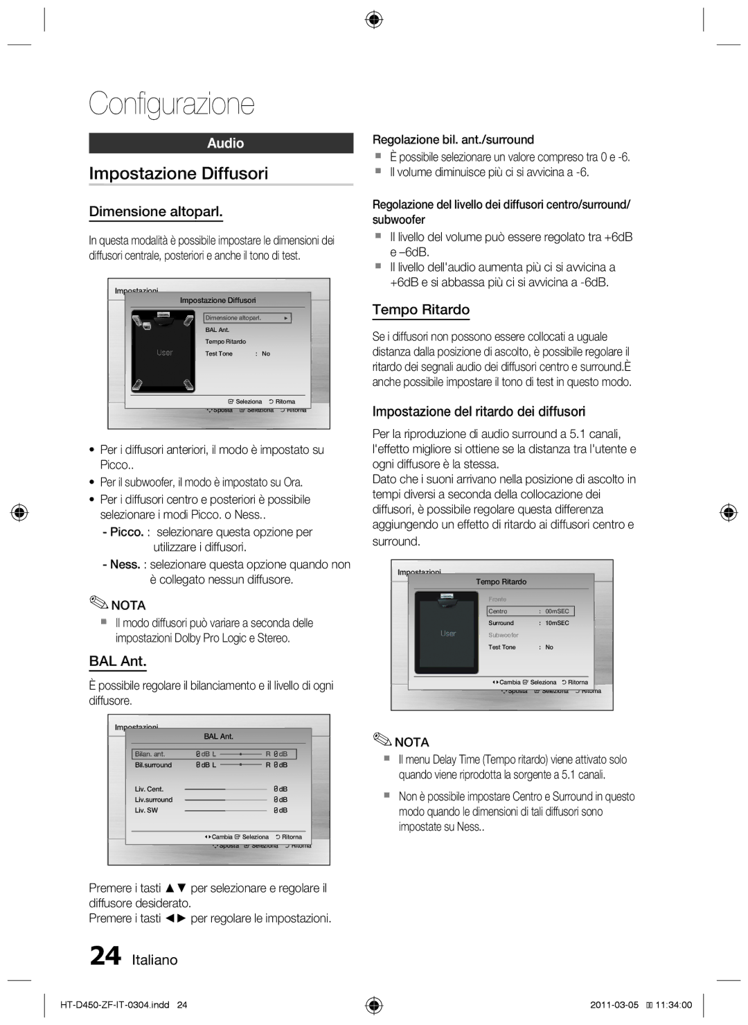 Samsung HT-D450, HT-D455, HT-D453 user manual Impostazione Diffusori, Dimensione altoparl, BAL Ant, Tempo Ritardo 