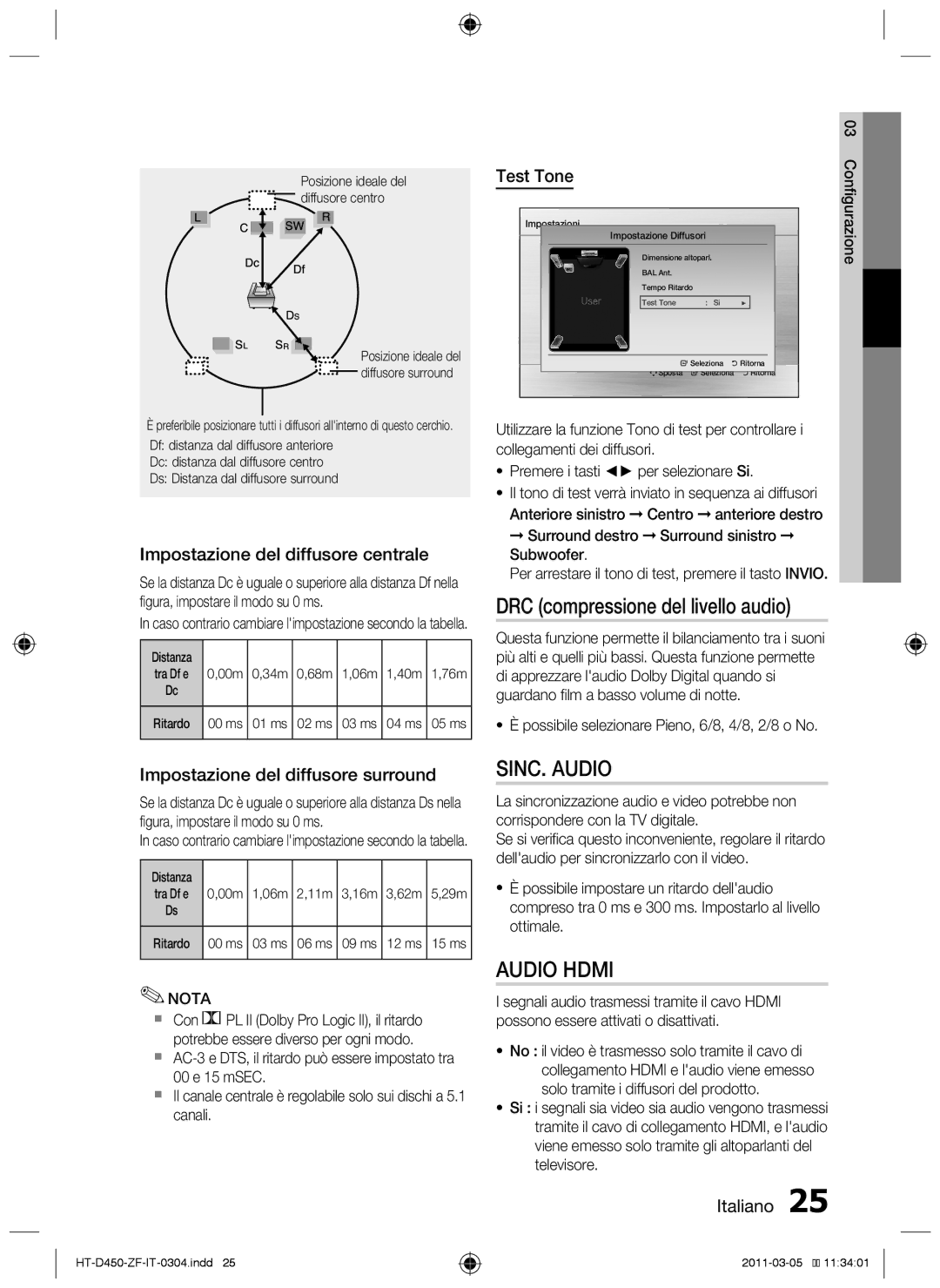 Samsung HT-D455, HT-D450, HT-D453 DRC compressione del livello audio, Sinc. audio, Impostazione del diffusore centrale 