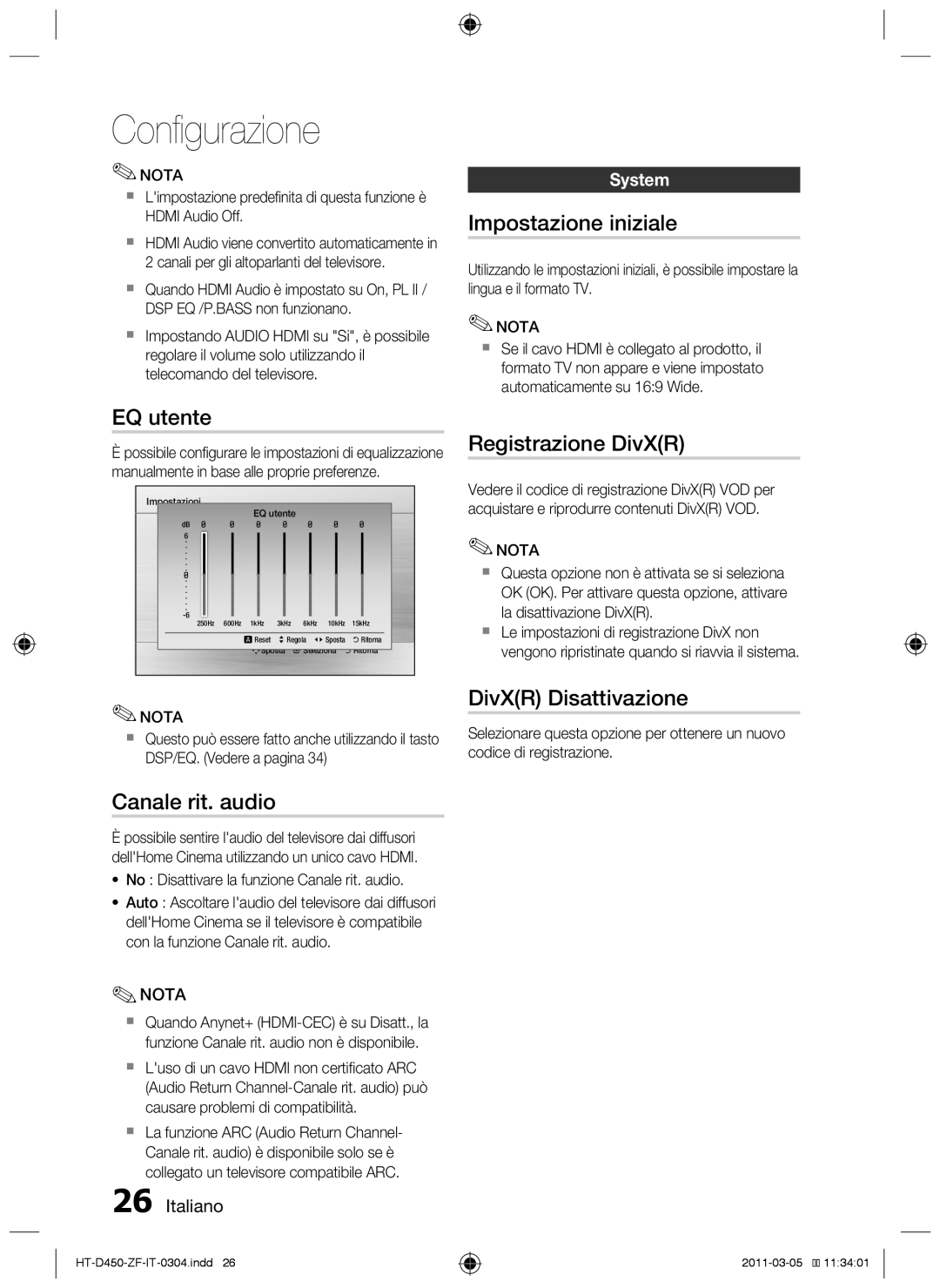 Samsung HT-D453, HT-D450 EQ utente, Canale rit. audio, Impostazione iniziale, Registrazione DivXR, DivXR Disattivazione 