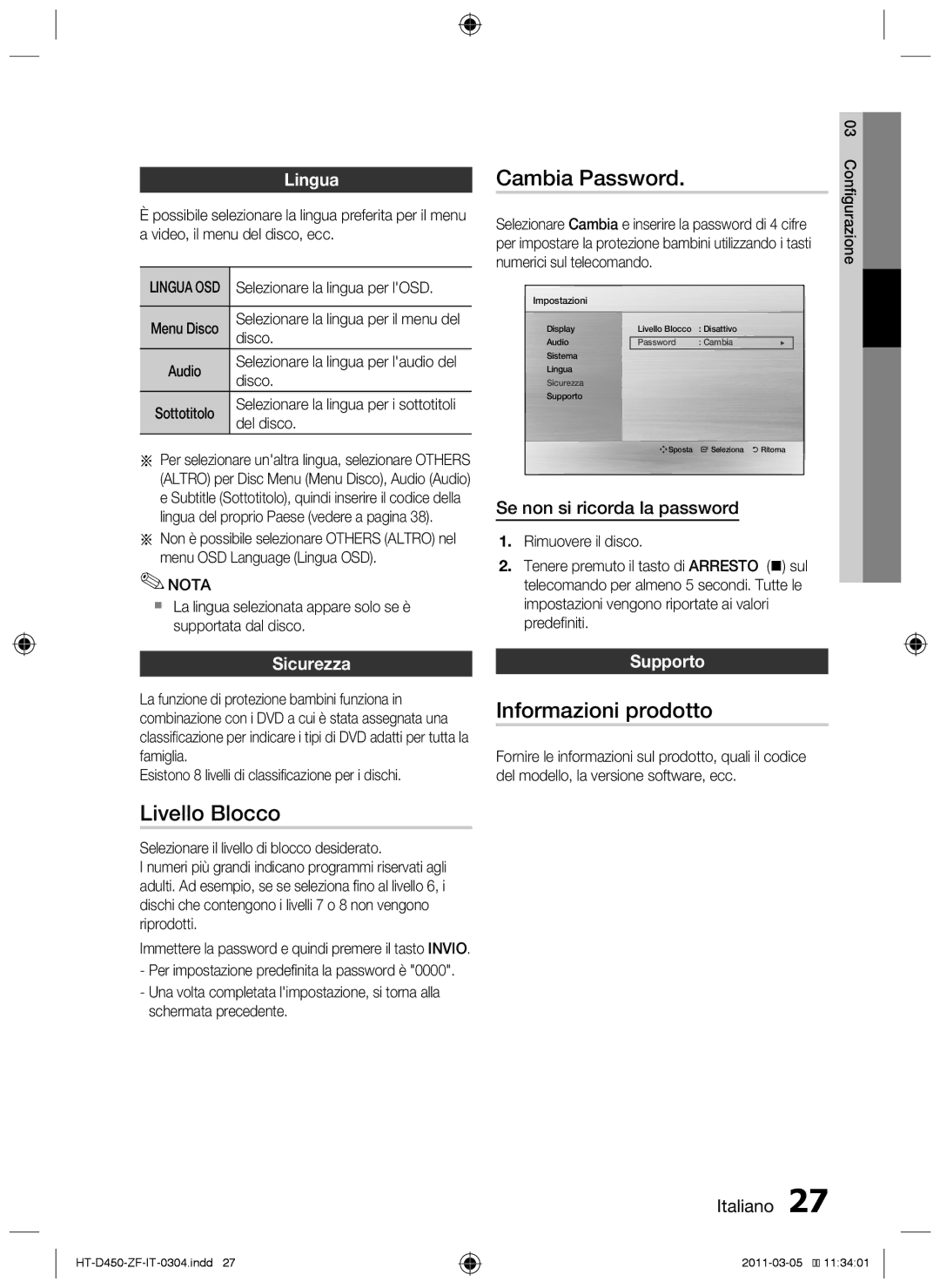 Samsung HT-D450, HT-D455, HT-D453 user manual Livello Blocco, Informazioni prodotto, Lingua, Sicurezza, Supporto 