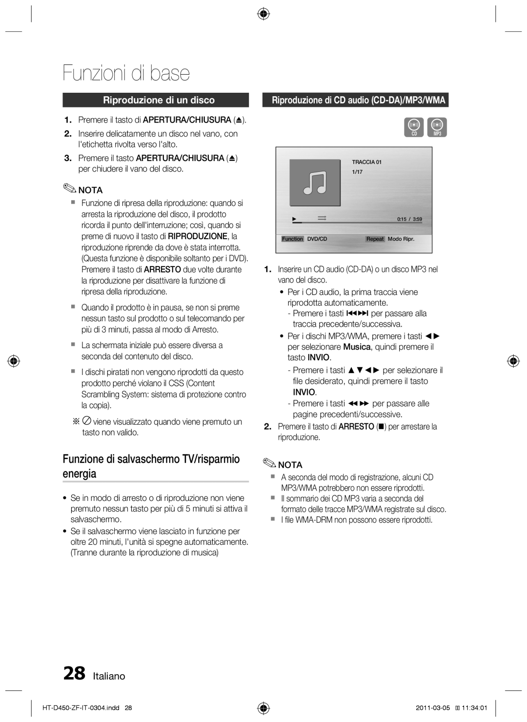 Samsung HT-D455, HT-D450, HT-D453 Funzioni di base, Funzione di salvaschermo TV/risparmio energia, Riproduzione di un disco 