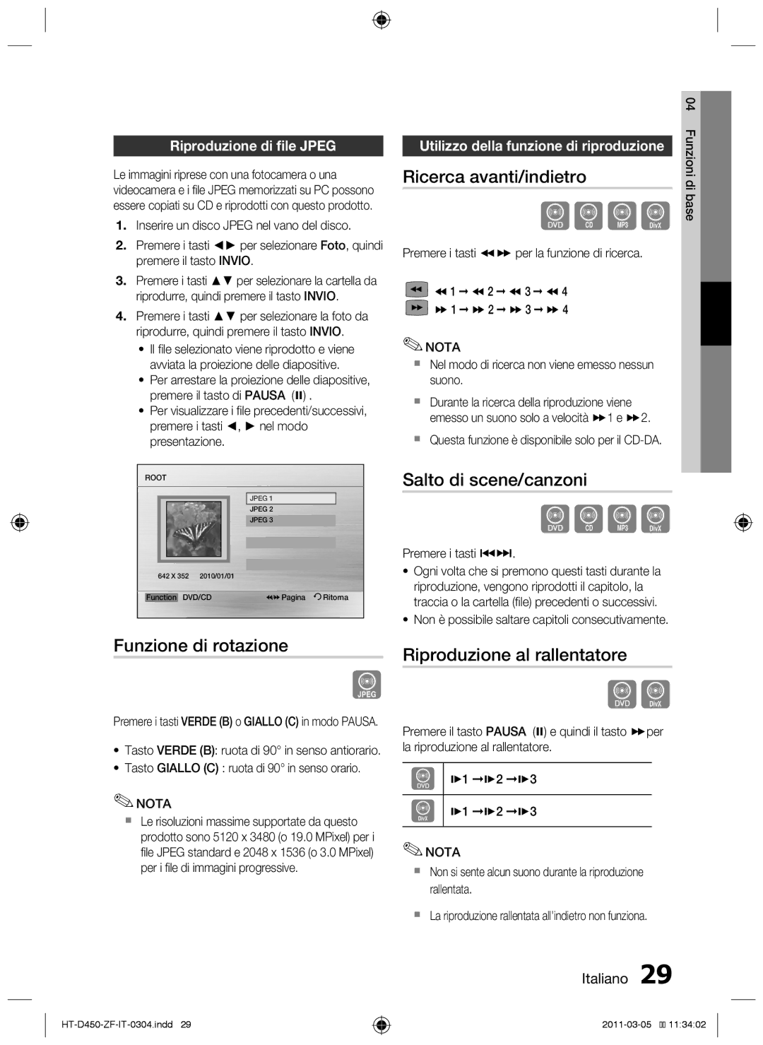 Samsung HT-D453 Funzione di rotazione, Ricerca avanti/indietro, Salto di scene/canzoni, Riproduzione al rallentatore 