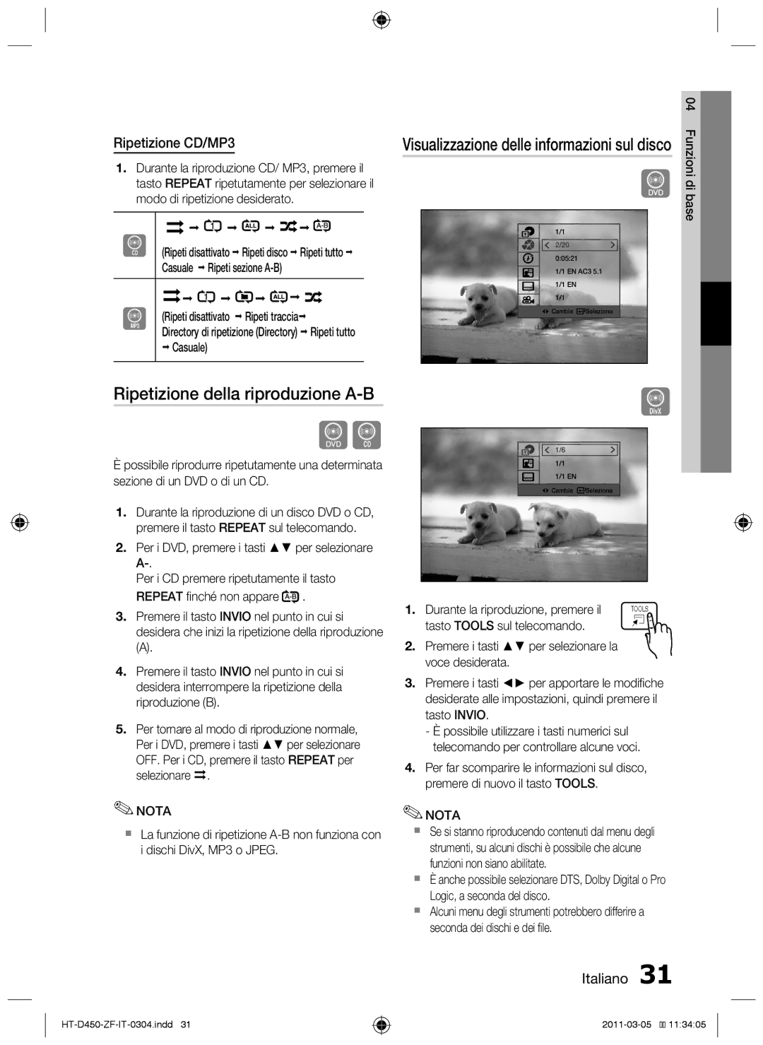 Samsung HT-D455, HT-D450, HT-D453 user manual Ripetizione della riproduzione A-B, Ripetizione CD/MP3 