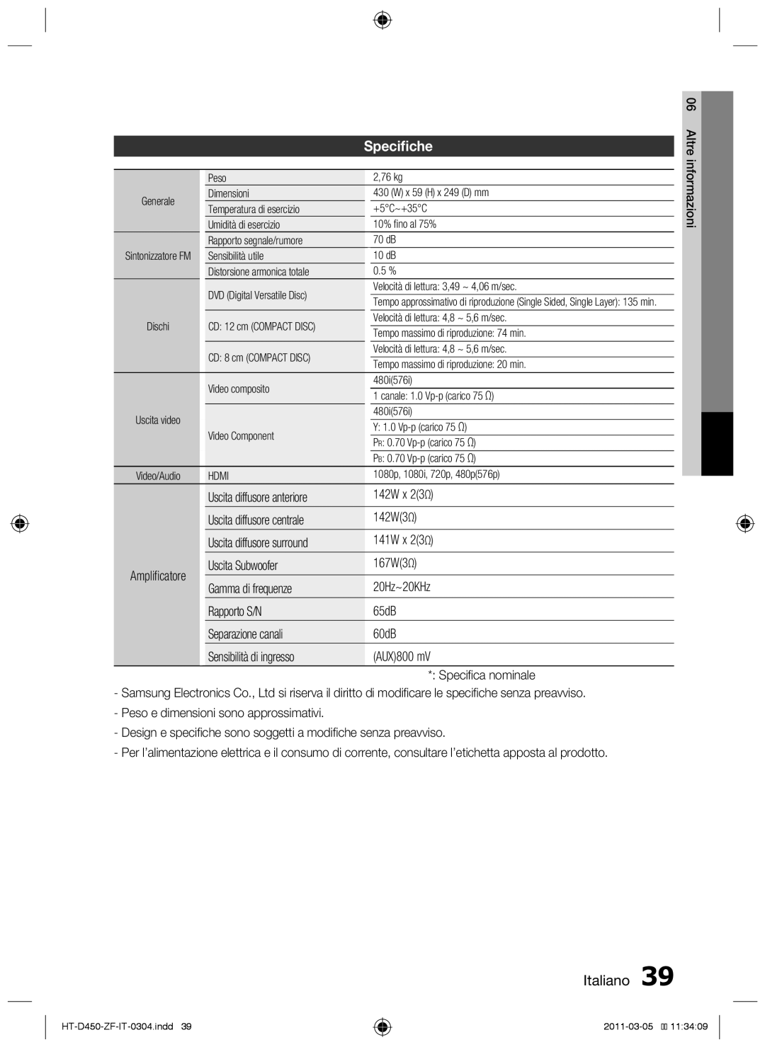 Samsung HT-D450, HT-D455, HT-D453 user manual Specifiche 