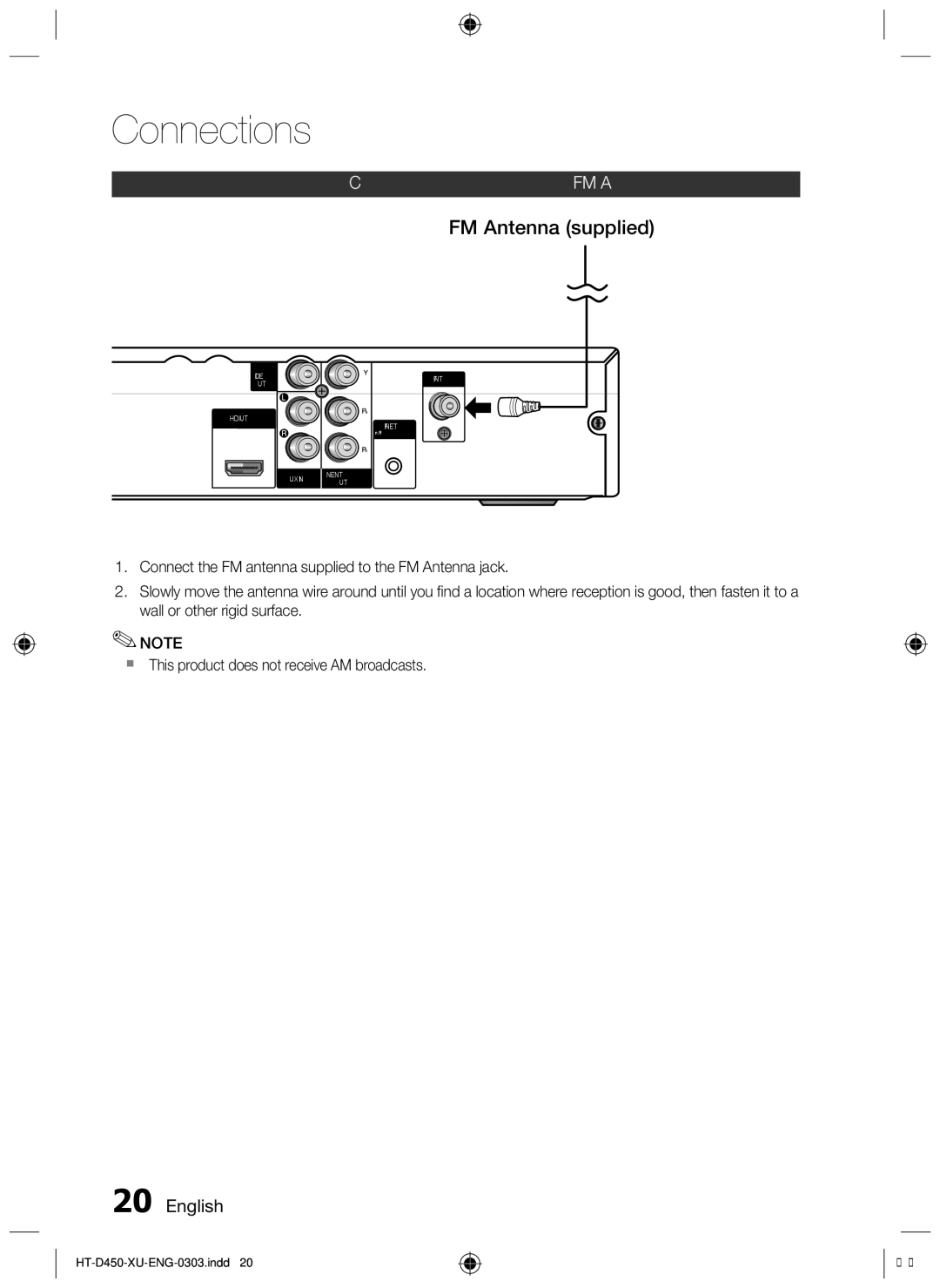 Samsung HT-D453, HT-D450, HT-D455 user manual FM Antenna supplied, Connecting the FM Antenna 