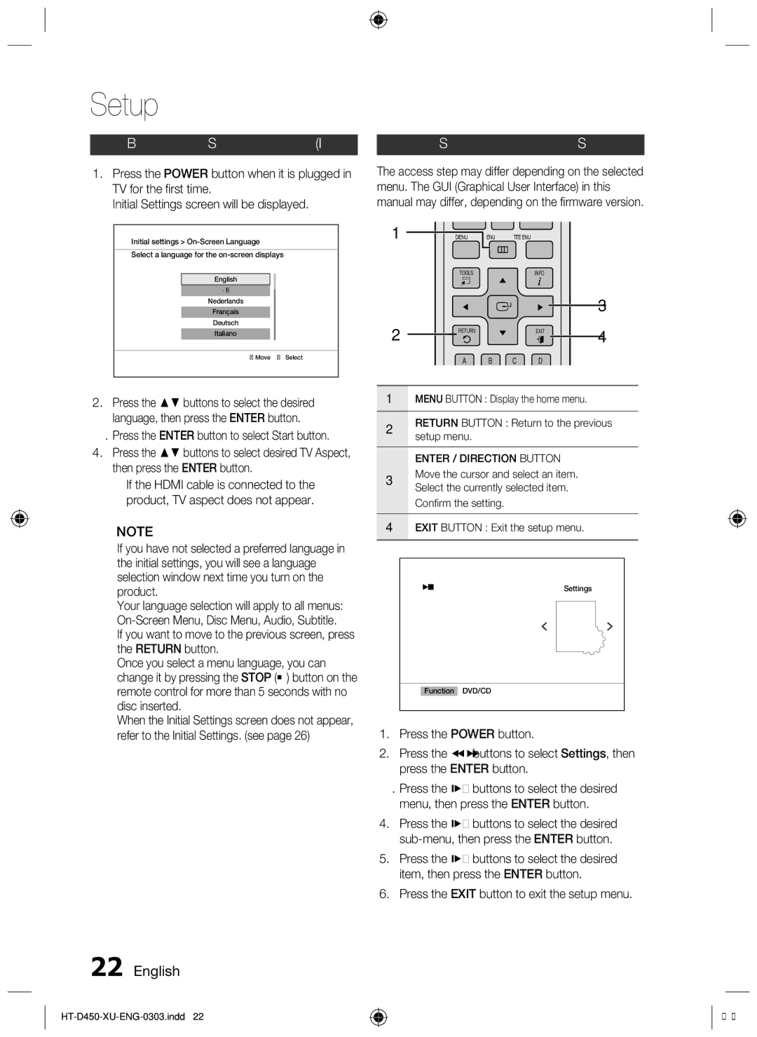 Samsung HT-D455 Before Starting Initial Settings, Setting the Setup menu, Press the Exit button to exit the setup menu 