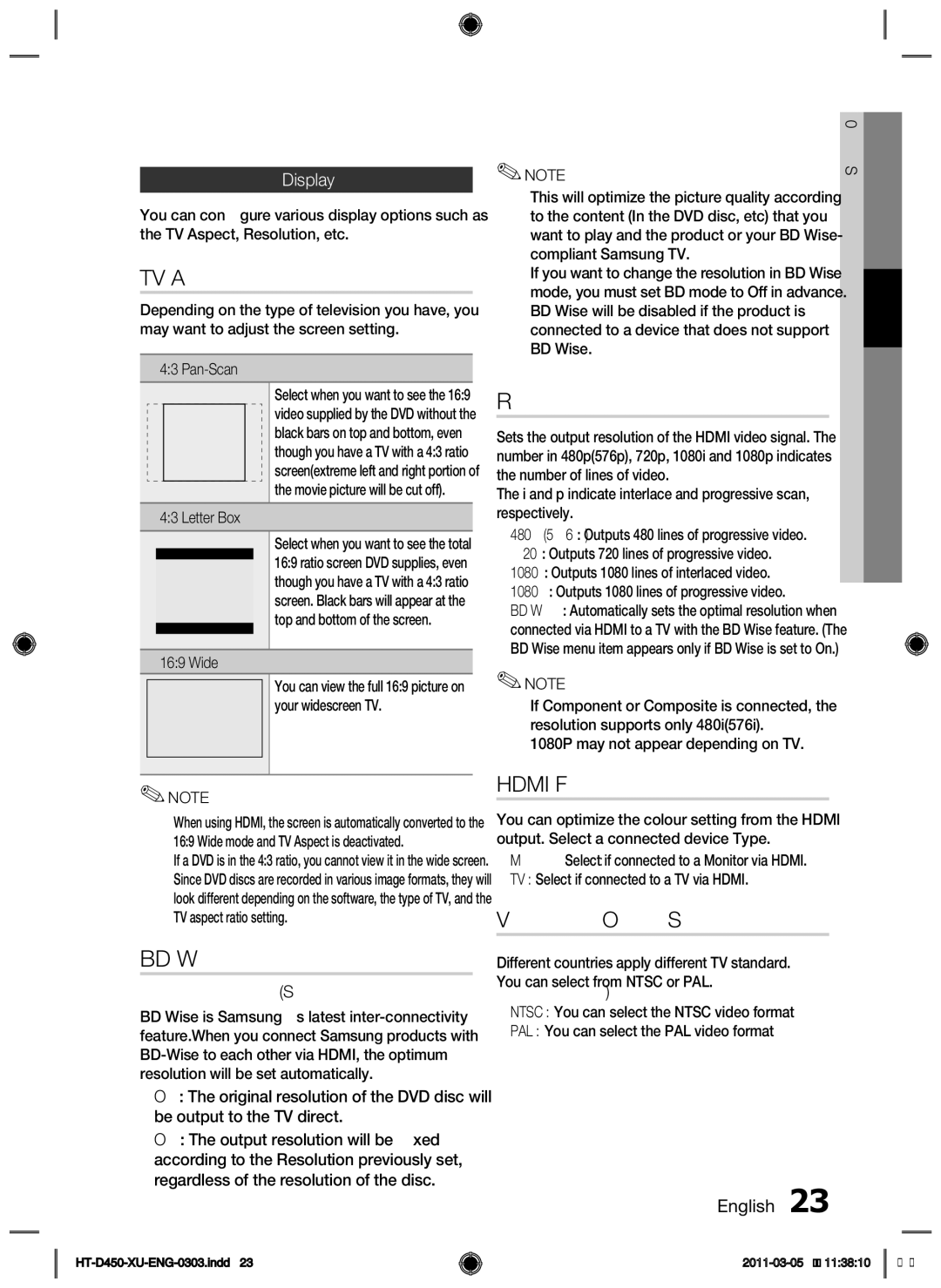 Samsung HT-D453, HT-D450, HT-D455 user manual TV Aspect, BD Wise, Resolution, Hdmi Format, Video Out Signal 