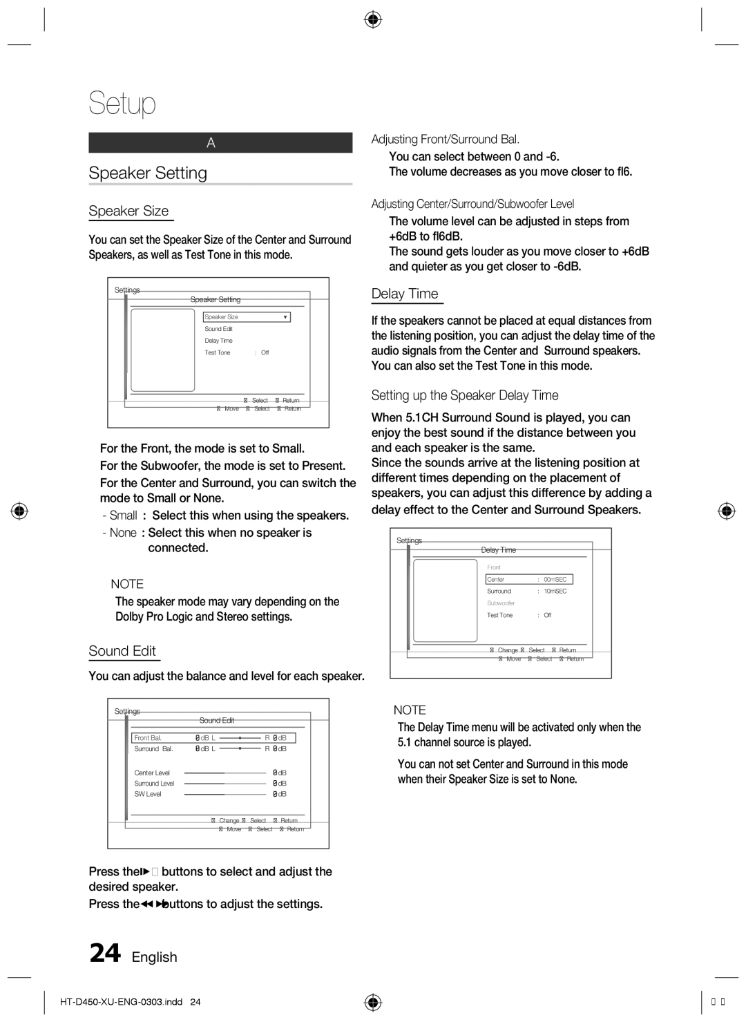 Samsung HT-D450, HT-D455, HT-D453 user manual Speaker Setting, Audio 