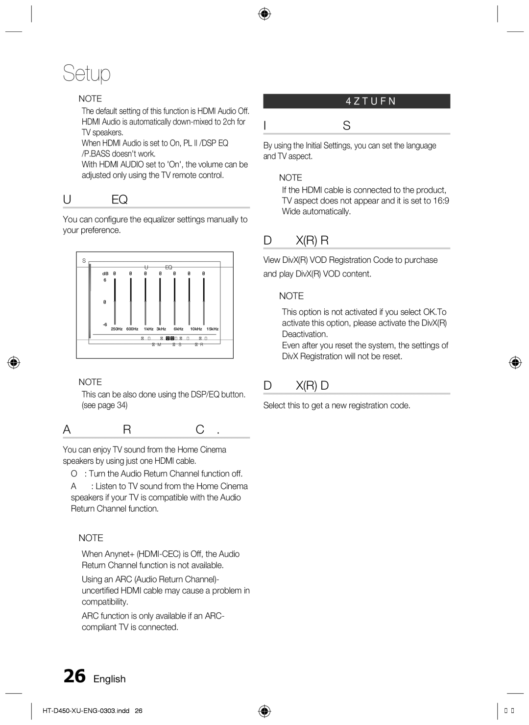 Samsung HT-D453, HT-D450, HT-D455 User EQ, Audio Return Ch, Initial Settings, DivXR Registration, DivXR Deactivation 