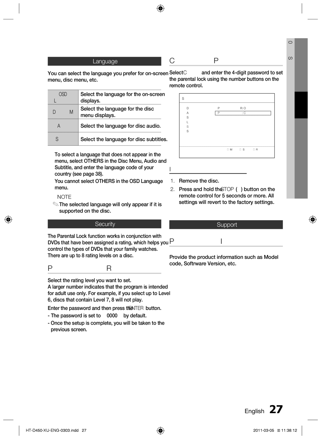 Samsung HT-D450, HT-D455, HT-D453 user manual Parental Rating, Product Information, Language, Security, Support 