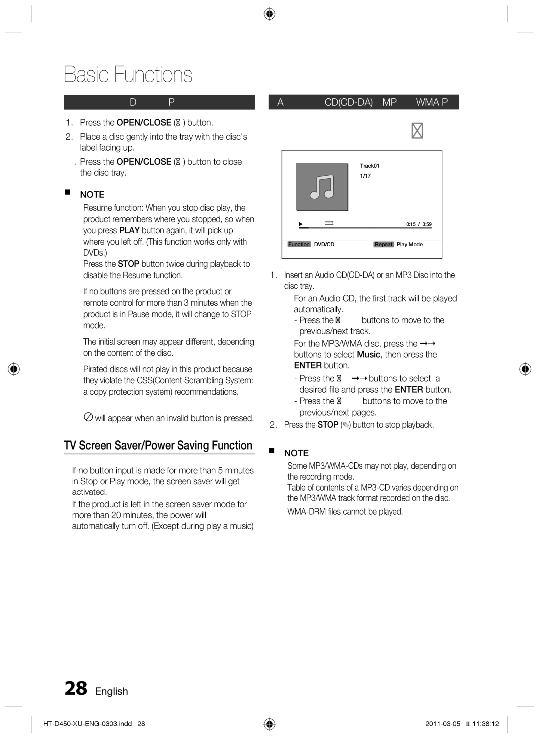 Samsung HT-D455 Basic Functions, TV Screen Saver/Power Saving Function, Disc Playback, Audio CDCD-DA/MP3/WMA Playback 