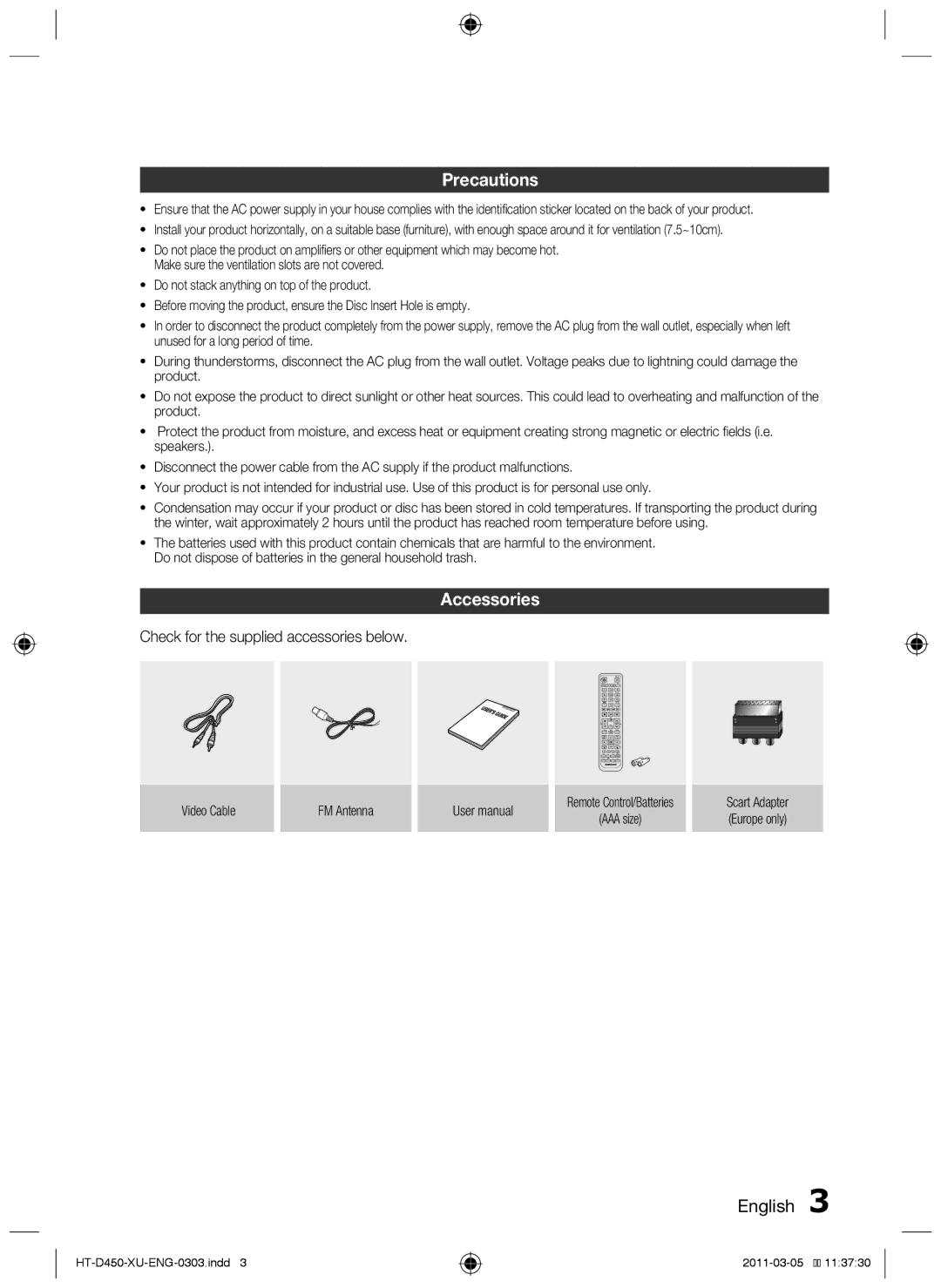 Samsung HT-D450, HT-D455, HT-D453 user manual Precautions, Accessories, English , Check for the supplied accessories below 