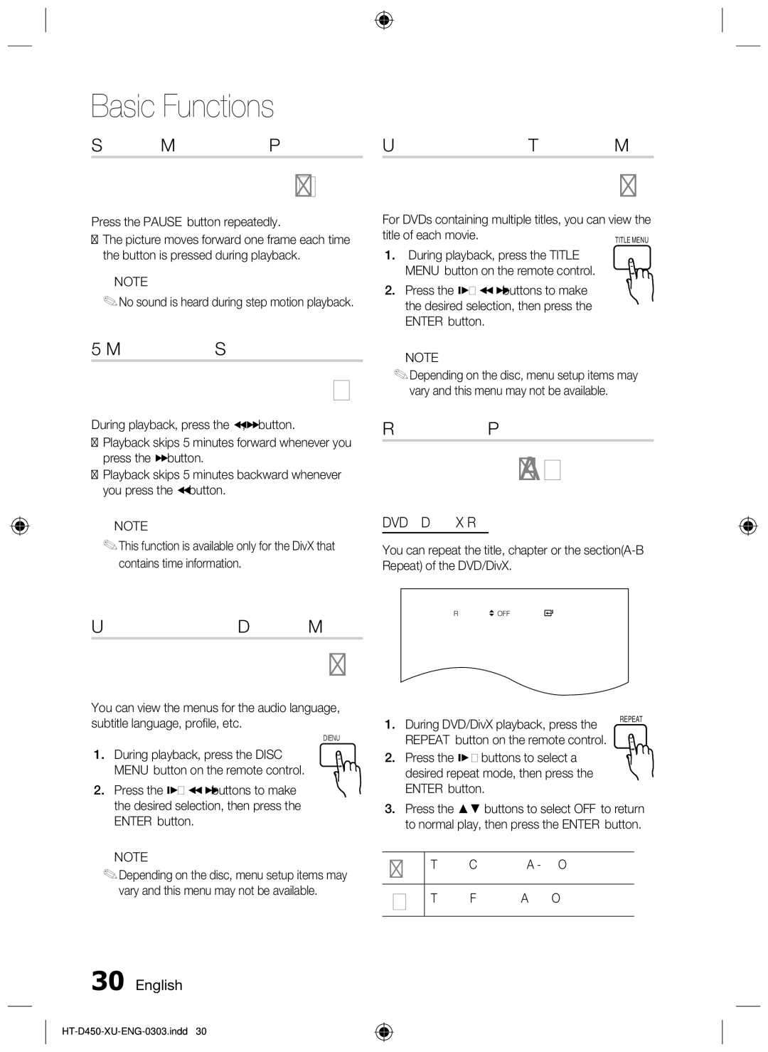 Samsung HT-D450, HT-D455 Step Motion Play, Minute Skip function, Using the Disc Menu Using the Title Menu, Repeat Playback 