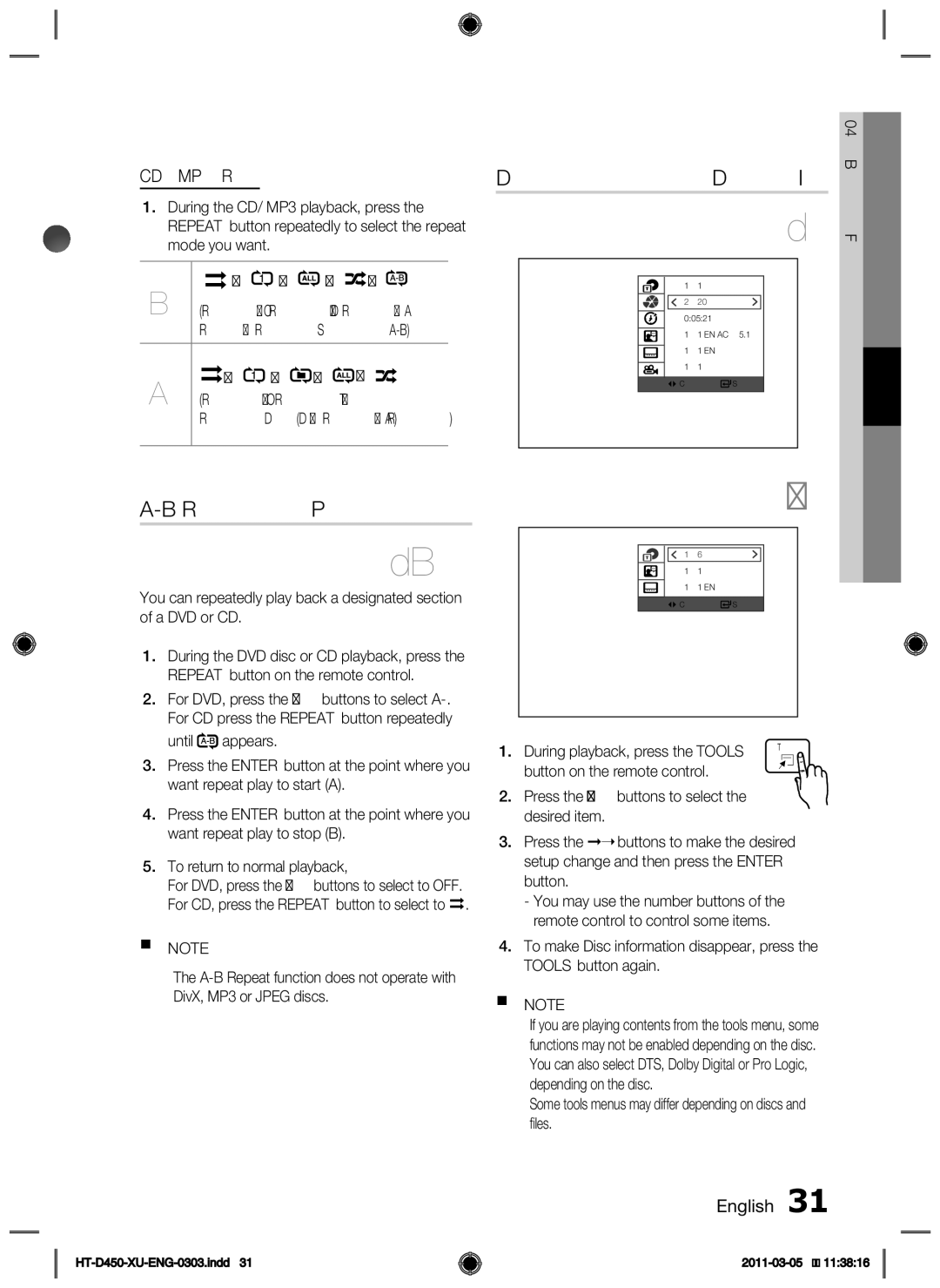 Samsung HT-D455, HT-D450, HT-D453 user manual Displaying Disc Information, CD/MP3 Repeat, During playback, press the Tools 