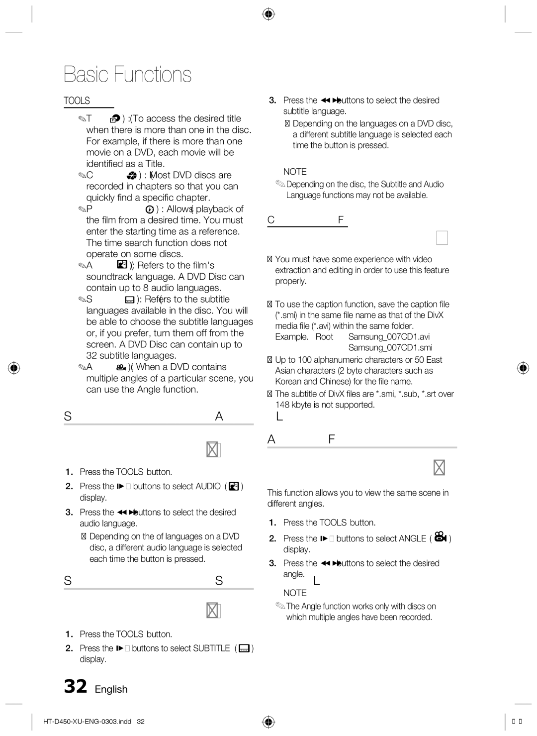 Samsung HT-D453, HT-D450, HT-D455 Selecting the Audio Language, Selecting the Subtitle Language, Angle Function, Tools menu 