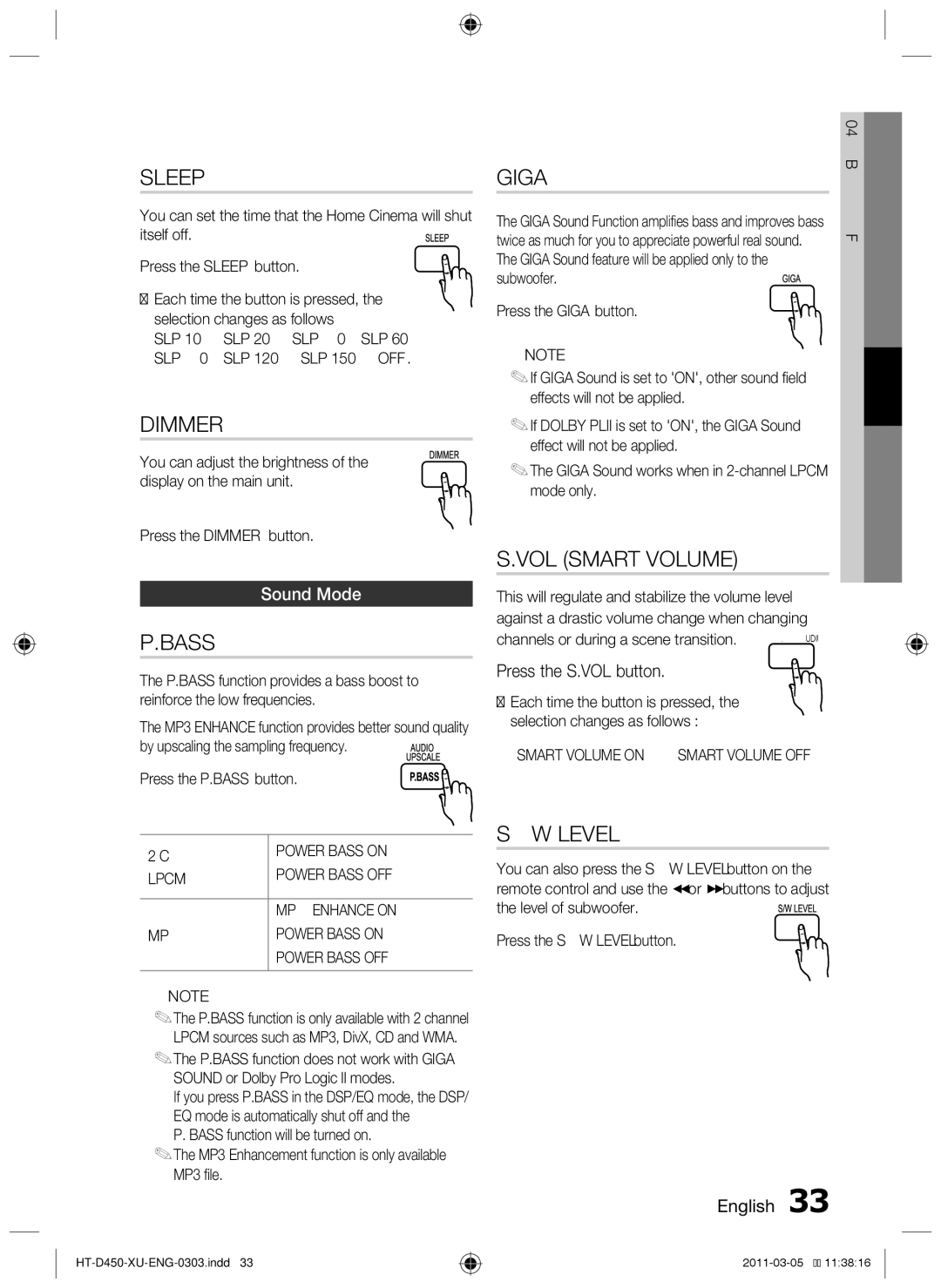 Samsung HT-D450, HT-D455, HT-D453 user manual Vol smart volume, Sound Mode, Press the S.VOL button 