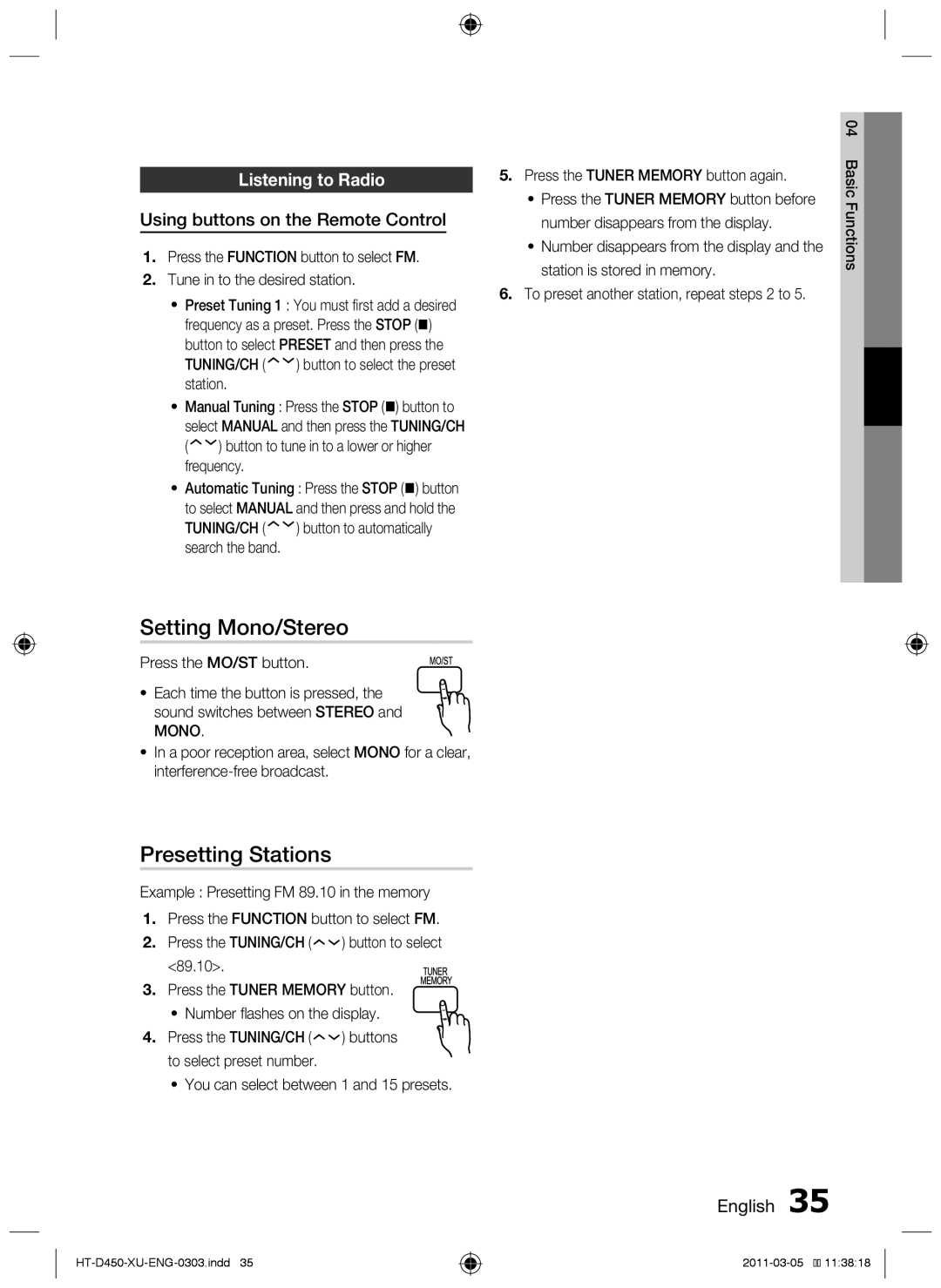 Samsung HT-D453, HT-D450 Setting Mono/Stereo, Presetting Stations, Listening to Radio, Using buttons on the Remote Control 