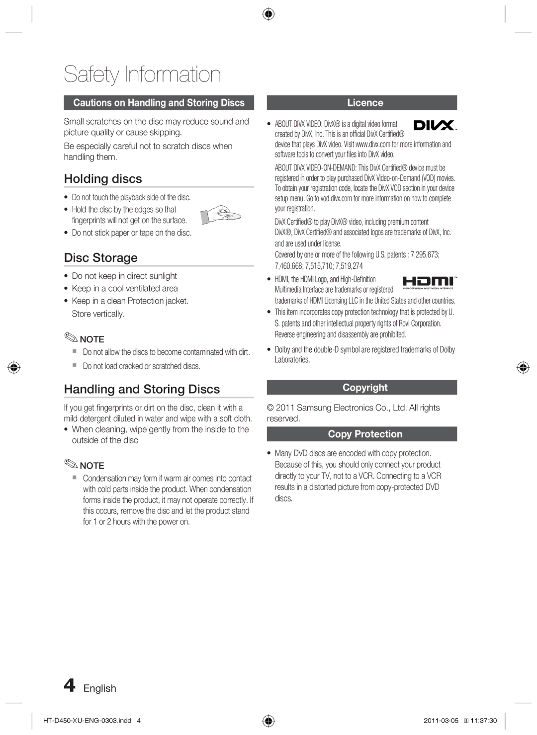 Samsung HT-D455, HT-D450 Holding discs, Disc Storage, Handling and Storing Discs, Licence, Copyright Copy Protection 