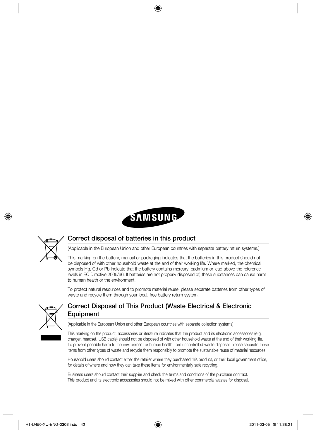 Samsung HT-D450, HT-D455, HT-D453 user manual Correct disposal of batteries in this product 