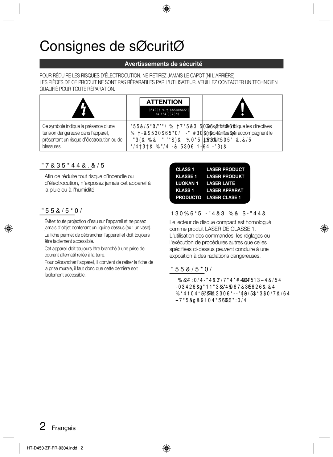 Samsung HT-D453, HT-D450, HT-D455 Consignes de sécurité, Avertissements de sécurité,  Français, Produit Laser DE Classe 