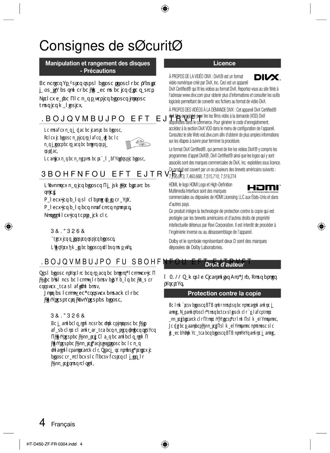 Samsung HT-D455, HT-D450, HT-D453 Manipulation des disques, Rangement des disques, Manipulation et rangement des disques 