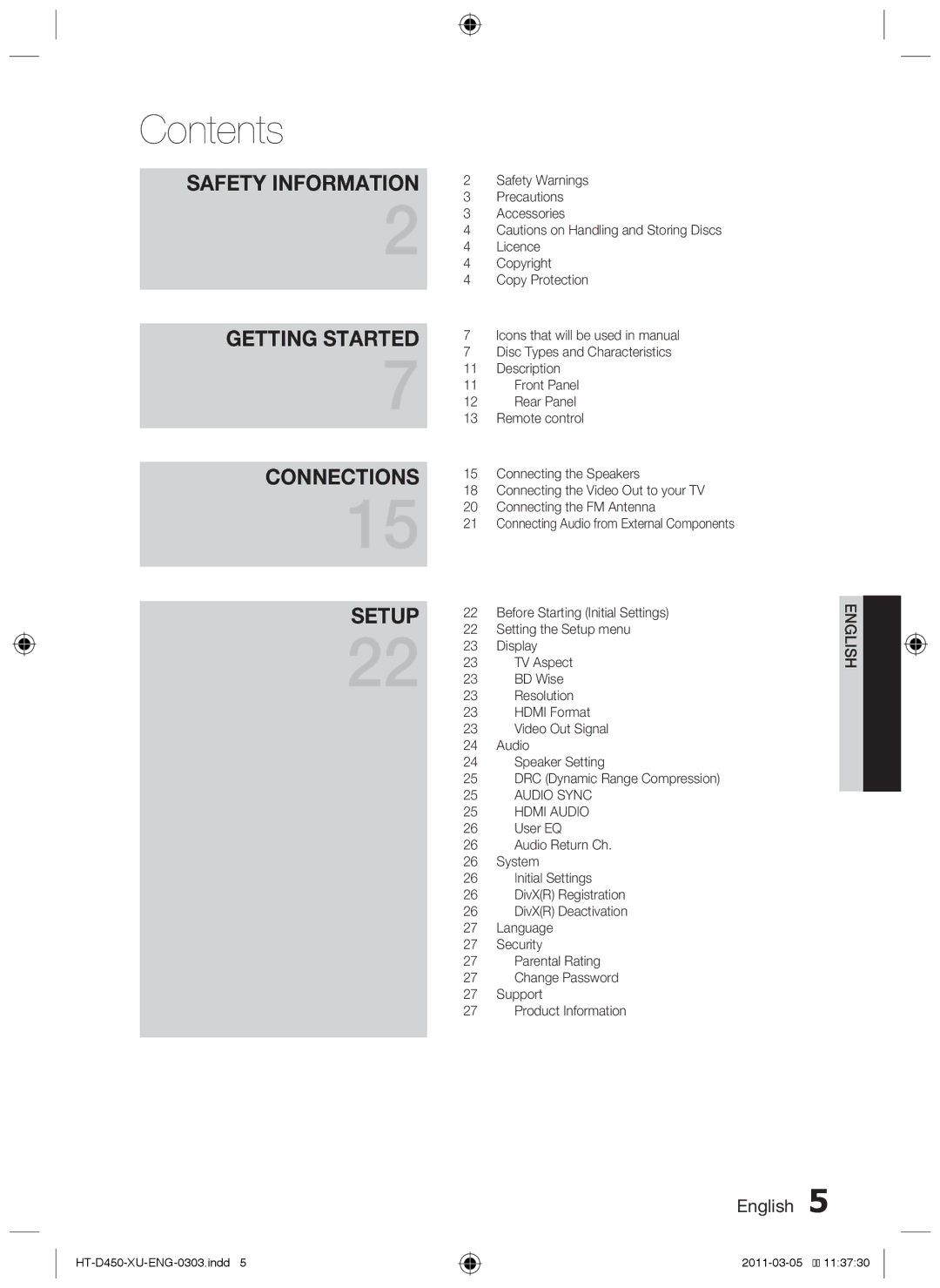 Samsung HT-D453, HT-D450, HT-D455 user manual Contents 