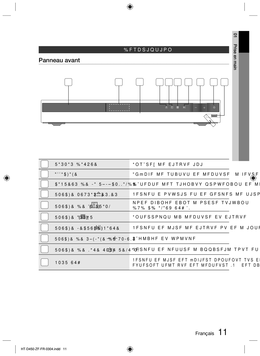 Samsung HT-D453, HT-D450, HT-D455 user manual Panneau avant, Tiroir Disque, Affichage, Port USB 