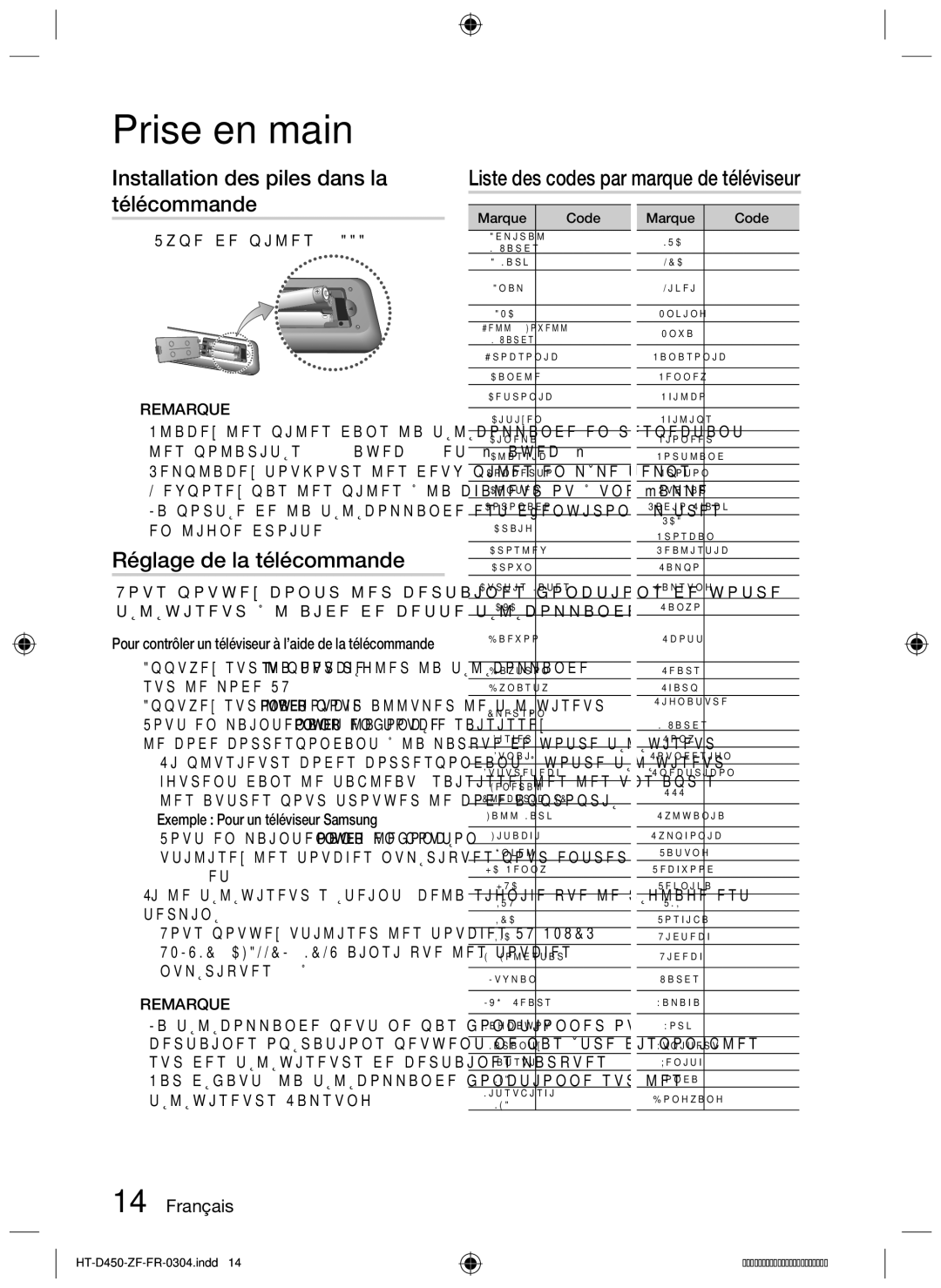 Samsung HT-D453, HT-D450 Réglage de la télécommande, Type de piles AAA, ~ Exemple Pour un téléviseur Samsung, Marque Code 