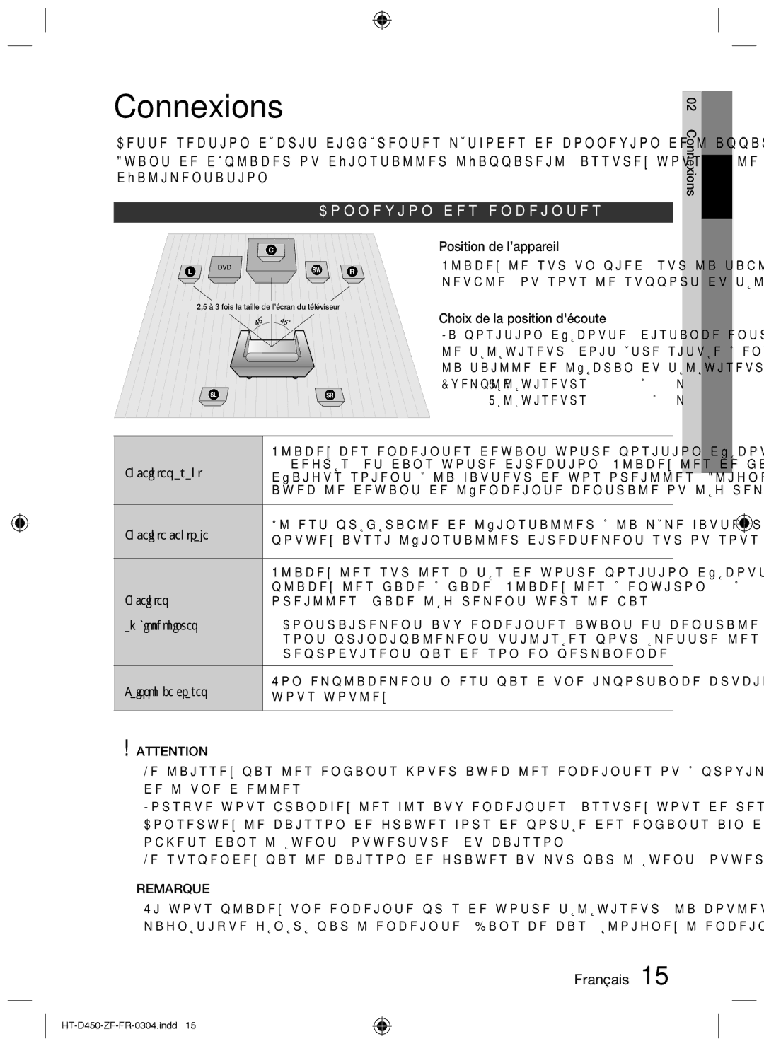 Samsung HT-D450, HT-D455, HT-D453 user manual Connexions, Connexion des enceintes 