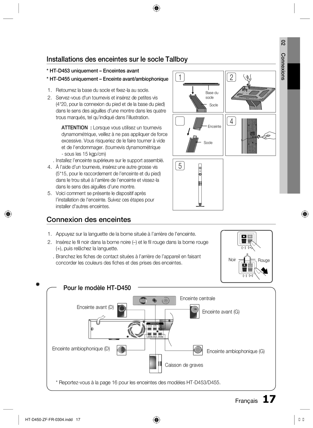 Samsung HT-D453, HT-D455 Installations des enceintes sur le socle Tallboy, Connexion des enceintes, Pour le modèle HT-D450 