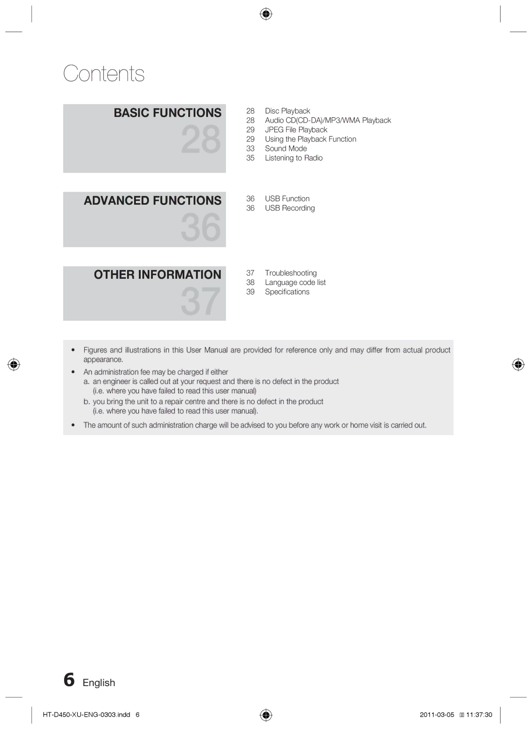 Samsung HT-D450, HT-D455, HT-D453 user manual Basic Functions Advanced Functions 