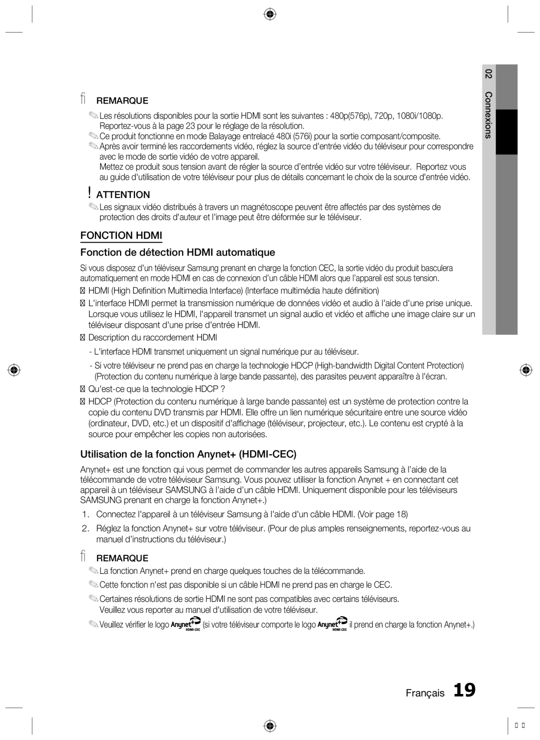 Samsung HT-D455, HT-D450, HT-D453 Fonction de détection Hdmi automatique, Utilisation de la fonction Anynet+ HDMI-CEC 