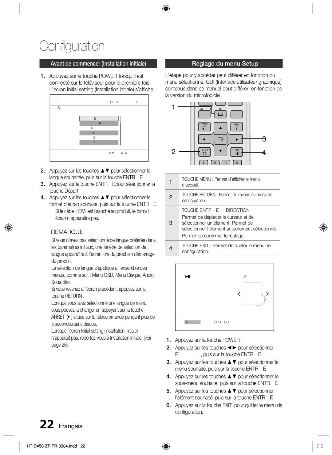 Samsung HT-D455, HT-D450, HT-D453 user manual Configuration, Réglage du menu Setup, Appuyez sur la touche Power 