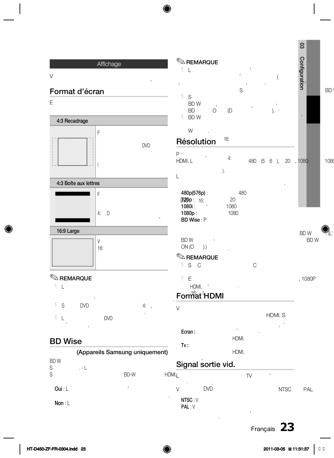 Samsung HT-D453, HT-D450, HT-D455 user manual Format d’écran, Résolution, Format Hdmi, Signal sortie vid, Affichage 