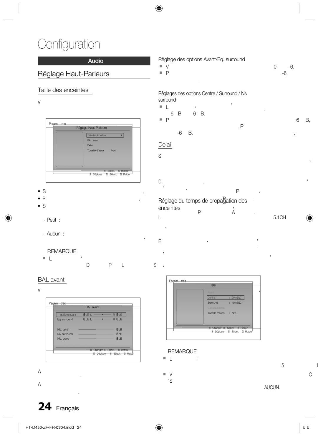 Samsung HT-D450, HT-D455, HT-D453 user manual Réglage Haut-Parleurs, Taille des enceintes, BAL avant, Delai 