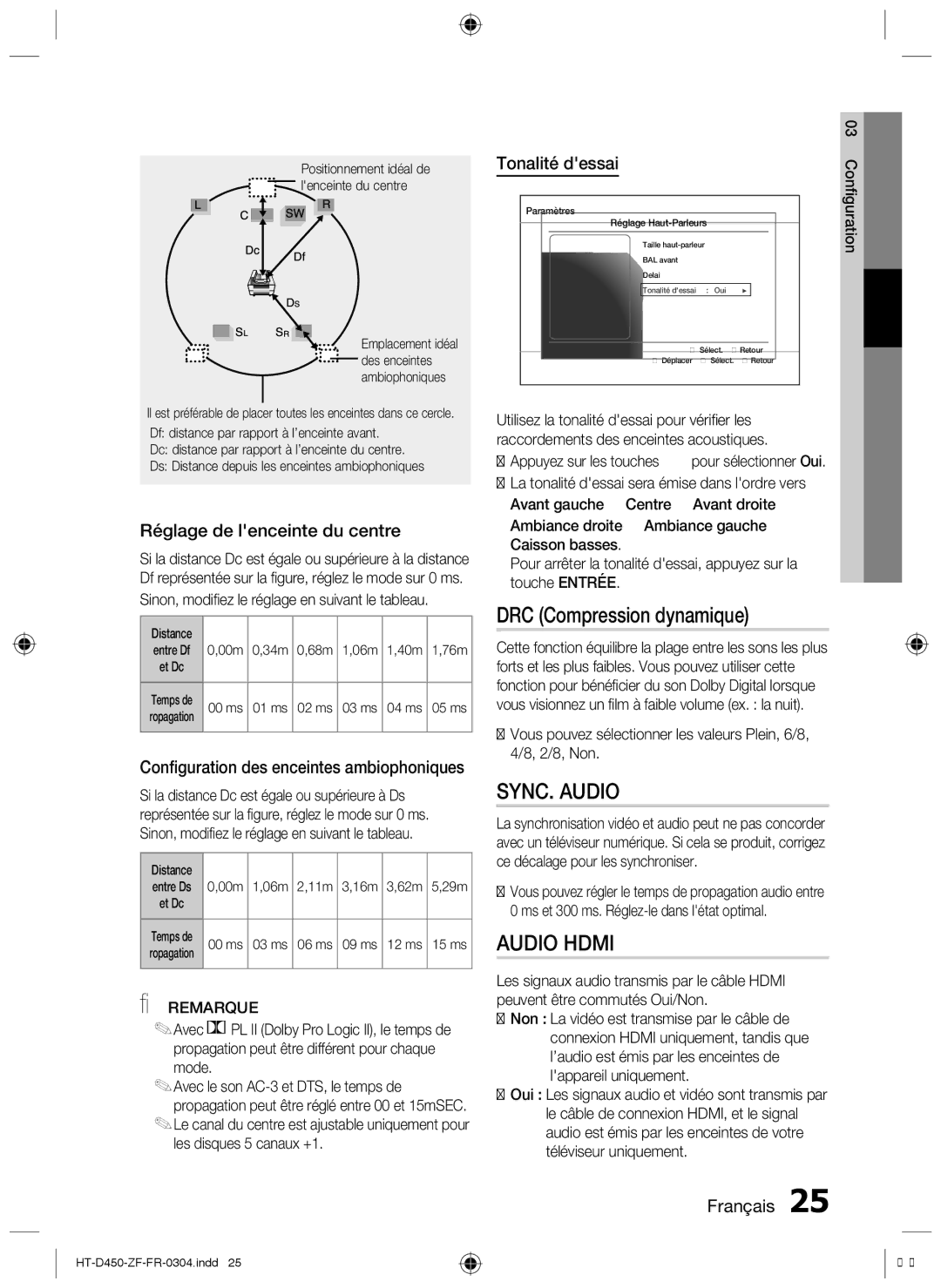 Samsung HT-D455 DRC Compression dynamique, Sync. audio, Audio Hdmi, Réglage de lenceinte du centre, Tonalité dessai 