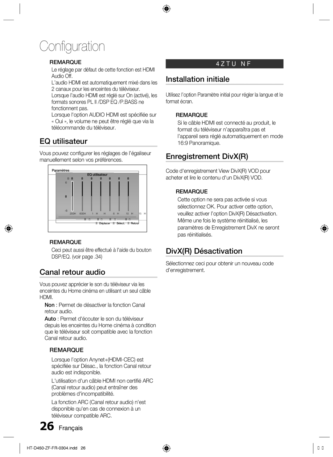 Samsung HT-D453 EQ utilisateur, Canal retour audio, Installation initiale, Enregistrement DivXR, DivXR Désactivation 