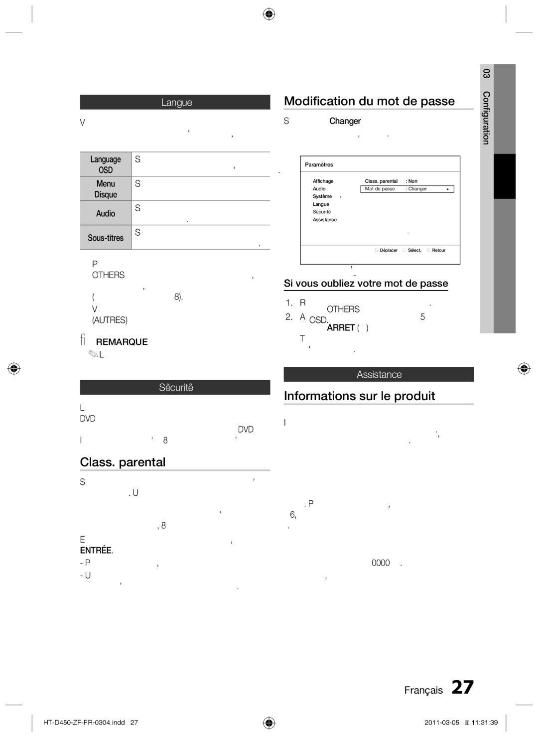 Samsung HT-D450, HT-D455, HT-D453 user manual Class. parental, Modification du mot de passe, Informations sur le produit 