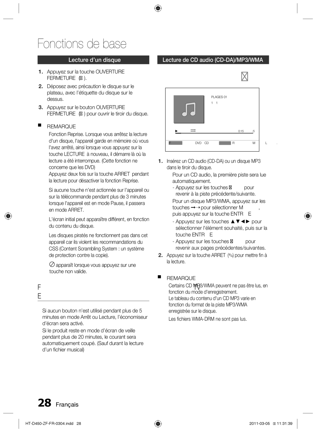 Samsung HT-D455, HT-D450, HT-D453 user manual Fonctions de base, Lecture d’un disque, Lecture de CD audio CD-DA/MP3/WMA 