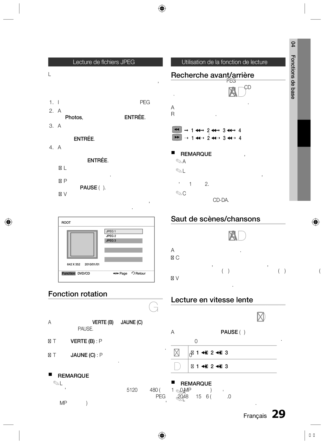 Samsung HT-D453, HT-D450 Fonction rotation, Recherche avant/arrière, Saut de scènes/chansons, Lecture en vitesse lente 