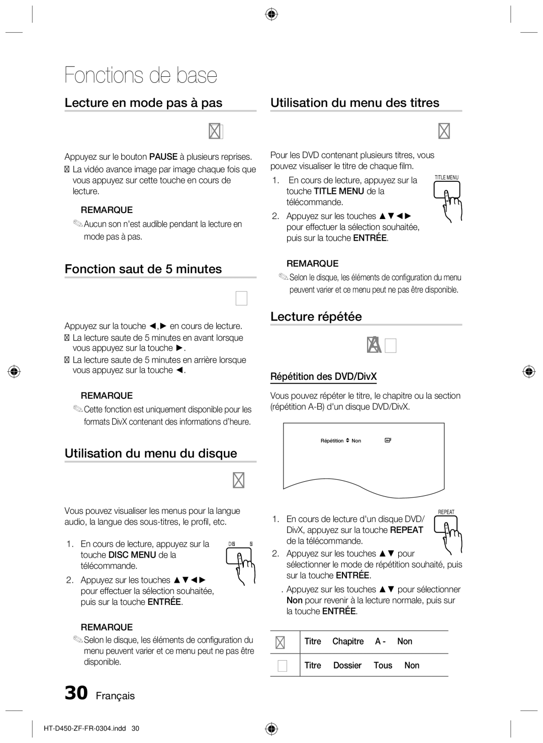 Samsung HT-D450 Lecture en mode pas à pas, Fonction saut de 5 minutes, Utilisation du menu des titres, Lecture répétée 