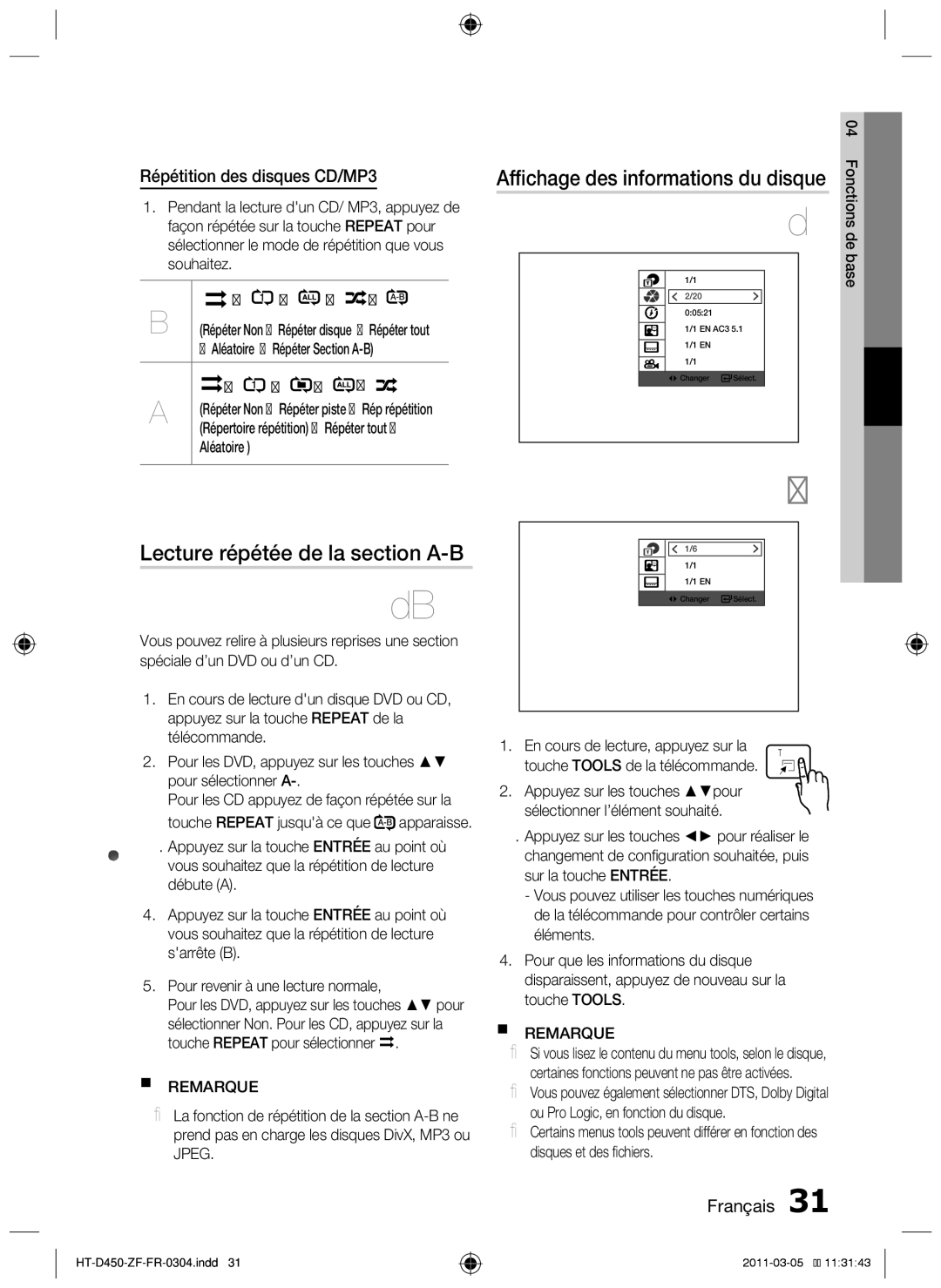 Samsung HT-D455 Lecture répétée de la section A-B, Affichage des informations du disque, Répétition des disques CD/MP3 