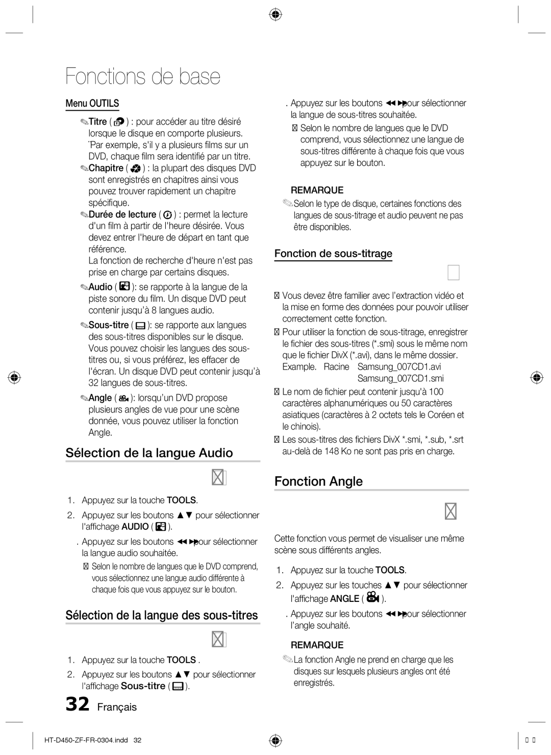 Samsung HT-D453, HT-D450 Sélection de la langue Audio, Fonction Angle, Sélection de la langue des sous-titres, Menu Outils 