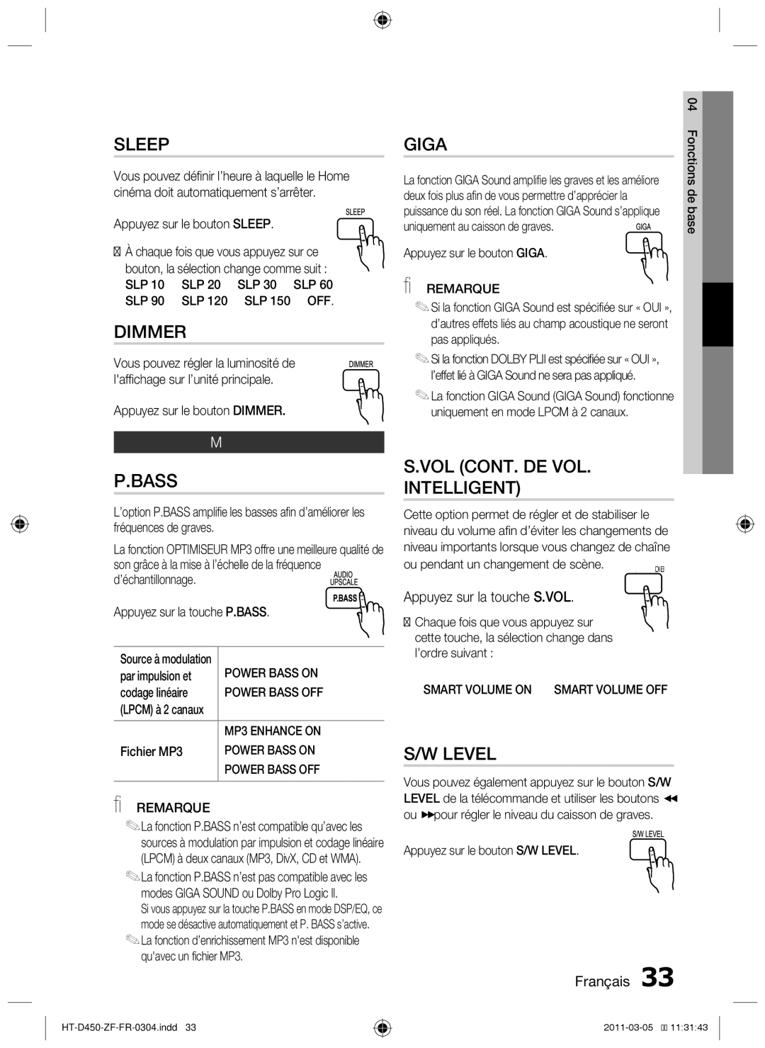 Samsung HT-D450, HT-D455, HT-D453 user manual Appuyez sur la touche S.VOL 