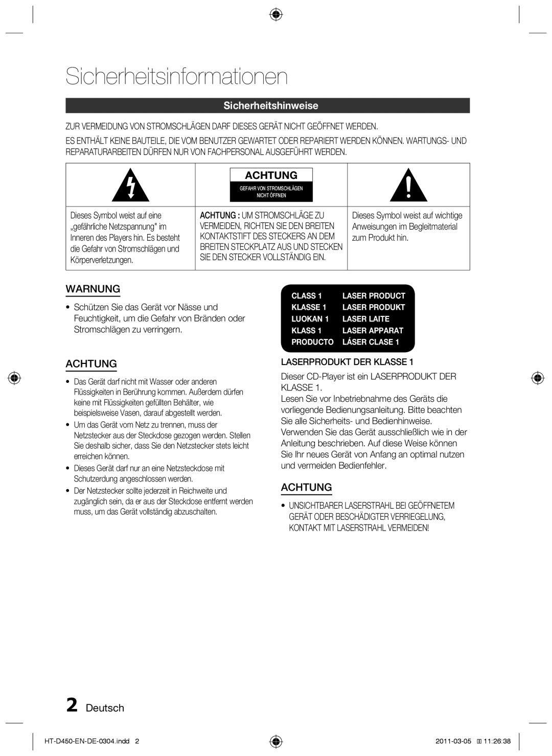 Samsung HT-D453, HT-D450, HT-D455 Sicherheitsinformationen, Sicherheitshinweise,  Deutsch, Laserprodukt DER Klasse 