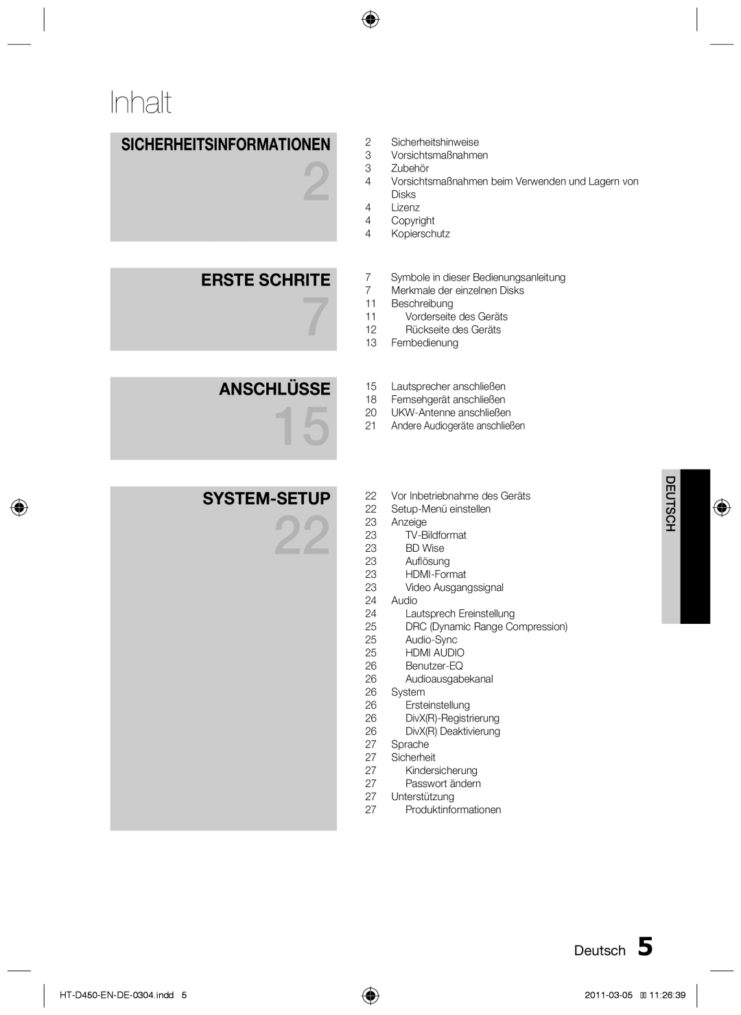 Samsung HT-D453, HT-D450, HT-D455 user manual Inhalt, Auflösung 