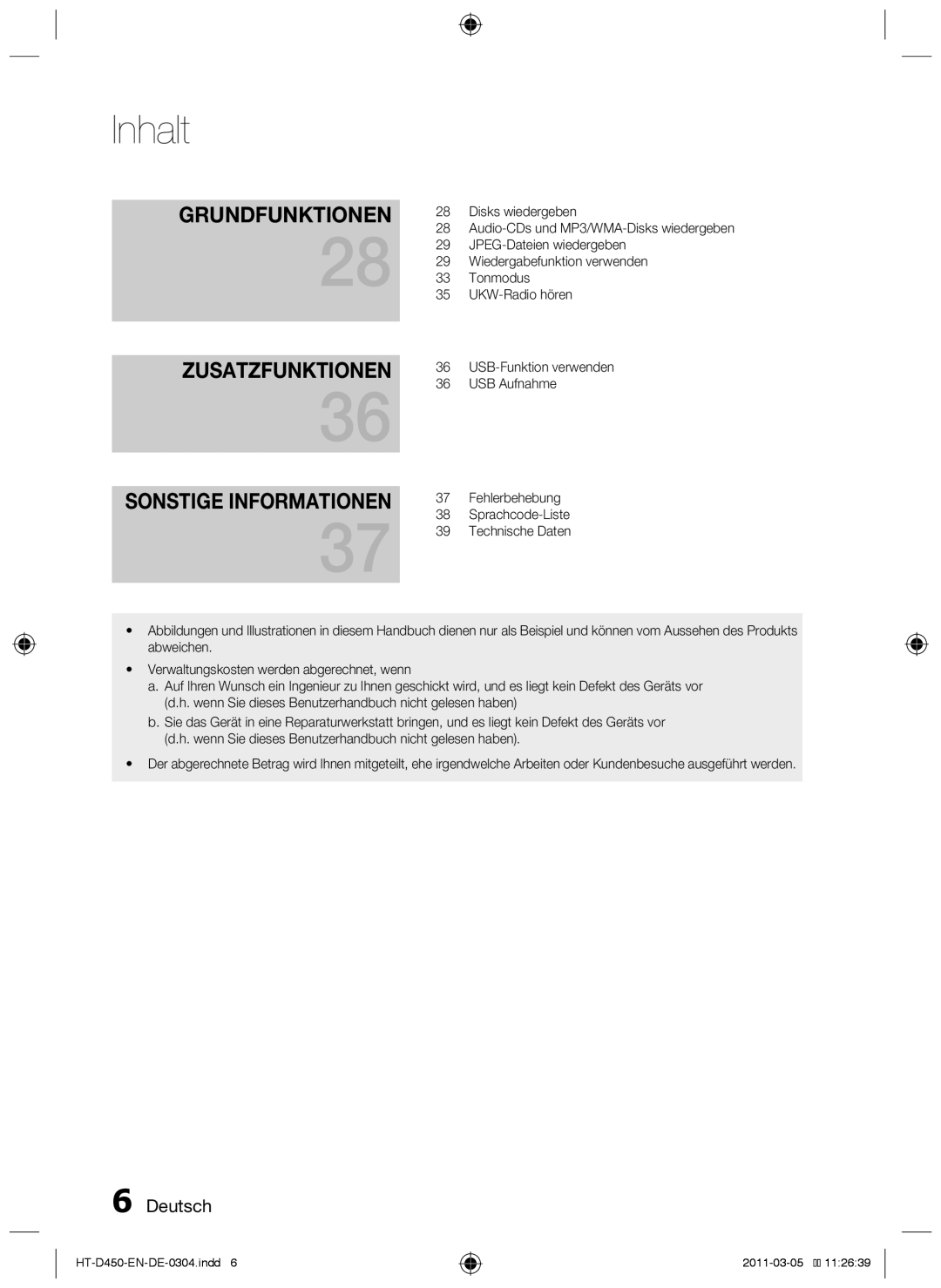 Samsung HT-D450, HT-D455, HT-D453 user manual Grundfunktionen Zusatzfunktionen 