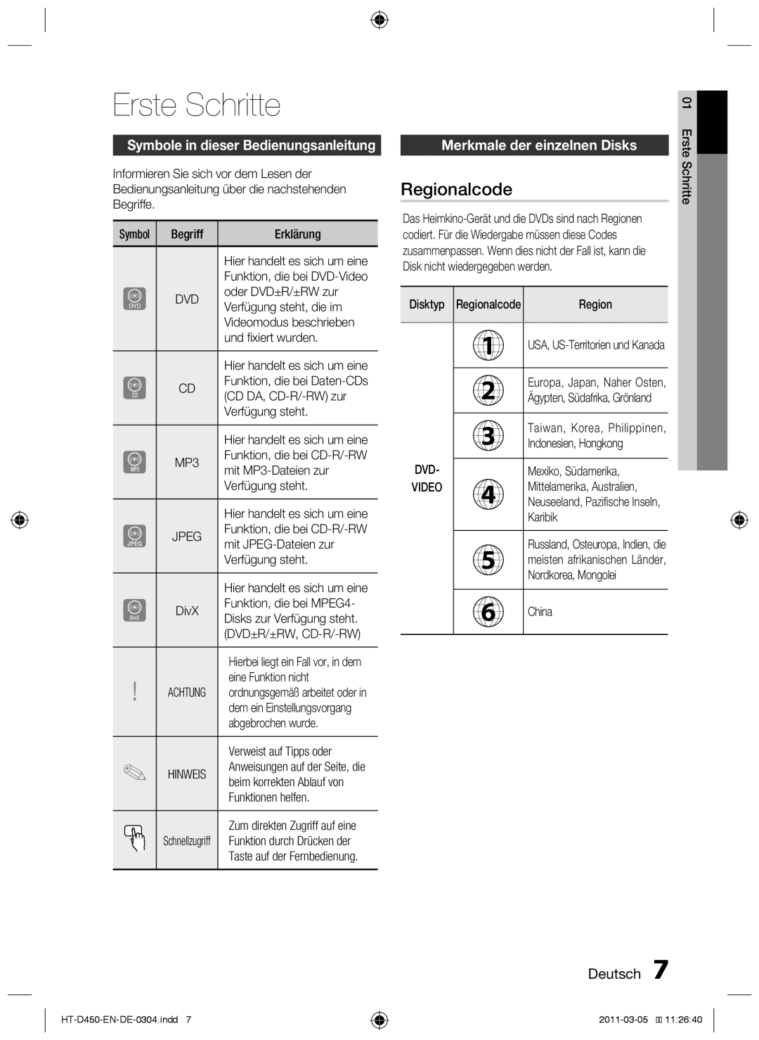 Samsung HT-D455, HT-D450 Erste Schritte, Regionalcode, Symbole in dieser Bedienungsanleitung, Merkmale der einzelnen Disks 